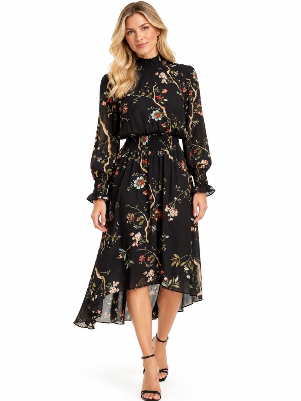 Nanette Nanette Lepore | Black Floral Mock Neck Long Sleeve Hi-Lo Midi Dress 14